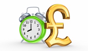 An alarm clock sits beside a sterling symbol (£)