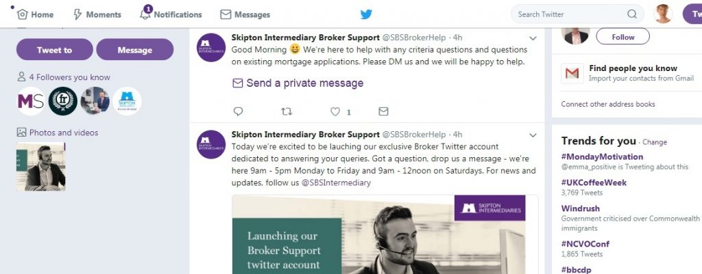 Skipton broker Twitter support handle