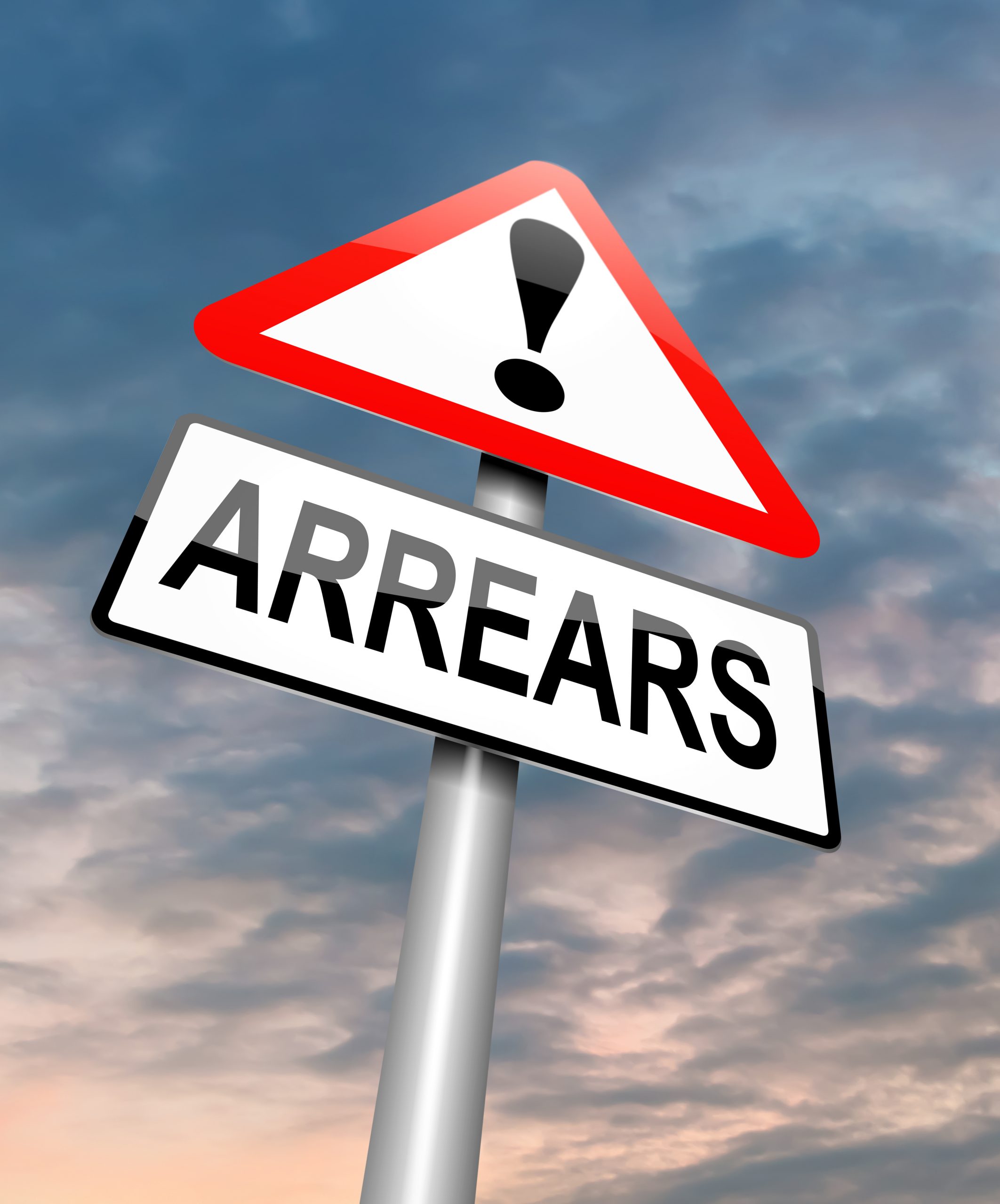 Road traffic warning sign framing an exclamation mark and the word arrears