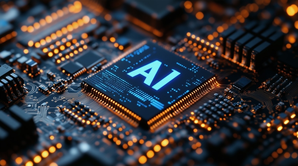 Electronic circuit board wiht the letters AI lit up in blue in the centre