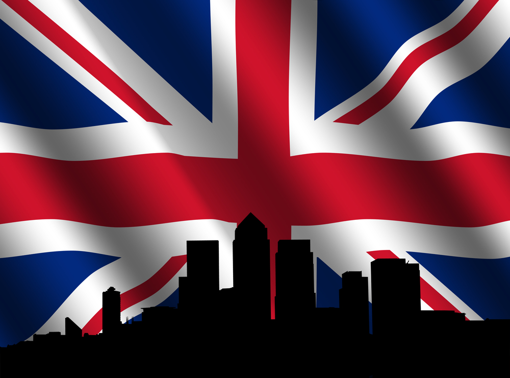 City skyline against Union Jack